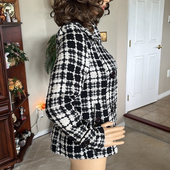 JOU JOU Lux Black & White Tweed Wool Blend Cropped Pea Coat Button Up Jacket - Picture 8 of 16
